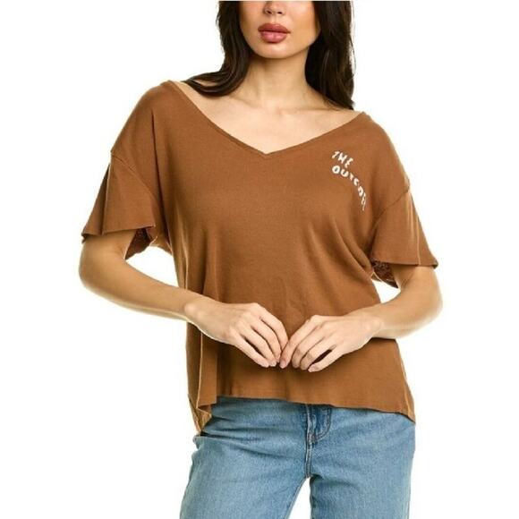 NEW Free People x Sandrine Rose Tee Shirt M Brown Vneck Short Sleeve Embroidered - Picture 1 of 14